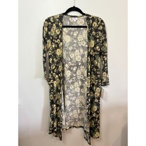 Lularoe Sarah Duster Cardigan XS Black Beige Yellow Floral Long Sleeve‎